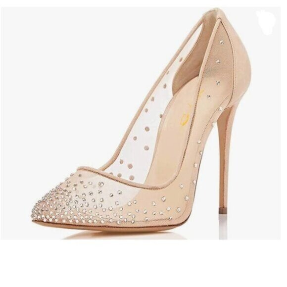 XYD Nude Rhinestones Studded Stiletto High Heels Mesh Pumps for Women - Picture 1 of 7